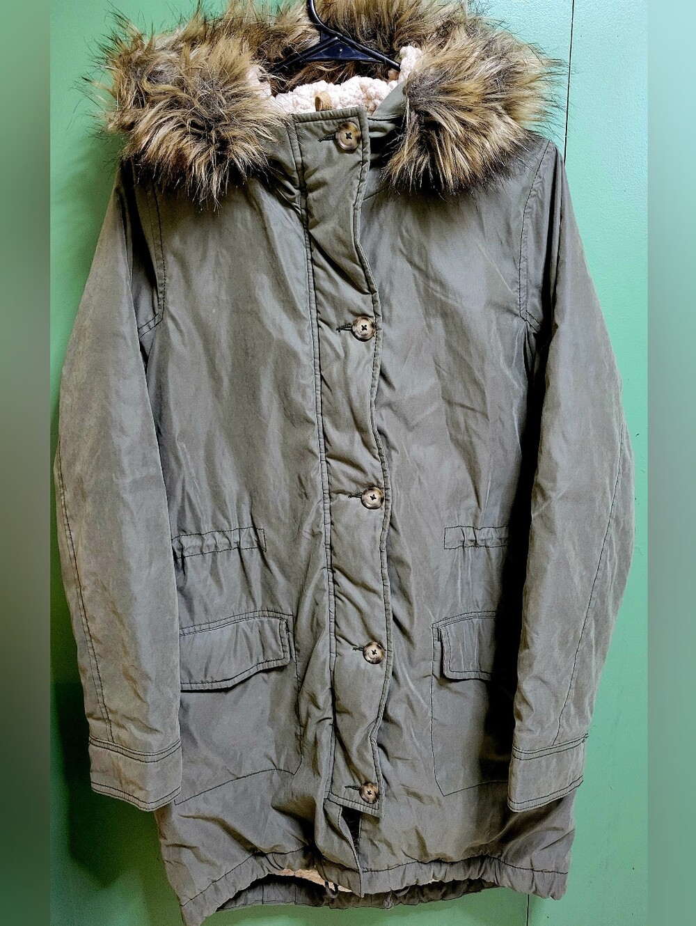 Women’s Olive Green Faux-Fur Trim Winter Parka